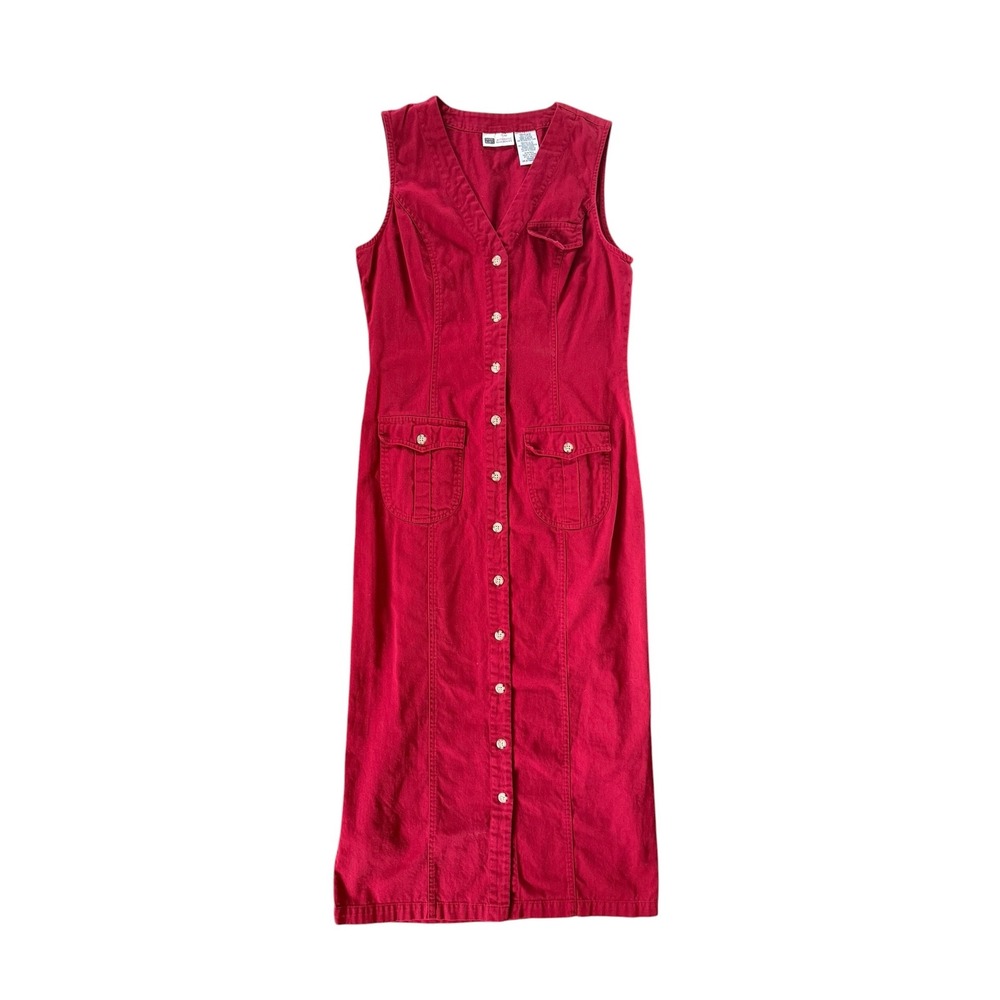 Faded Glory Womens Red Cotton Denim Button Down Jumper Dress Oxblood Size M 8/10